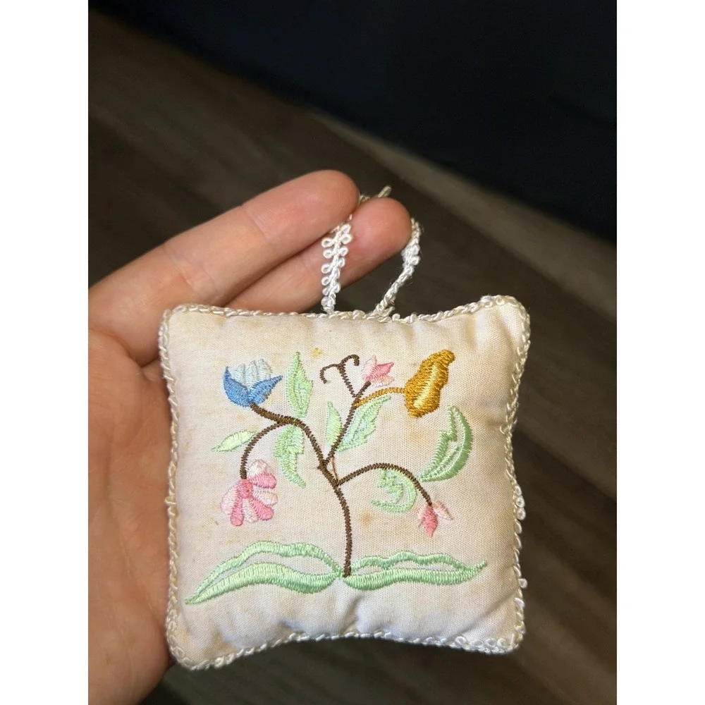 Vintage Handmade Miniature Embroidered Floral Pillows 3x3 Set of 2 Ornament